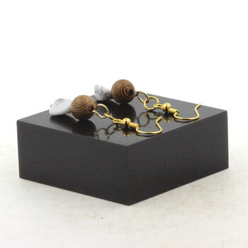 Golden Stainless steel Earrings Howlite from USA + wood 2 Beads.