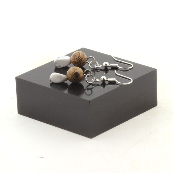 Stainless steel Earrings Howlite from USA + wood 2 Beads.