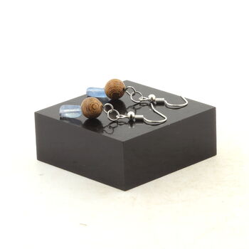 Stainless steel Earrings Aquamarine from Brazil + wood 2 Beads.