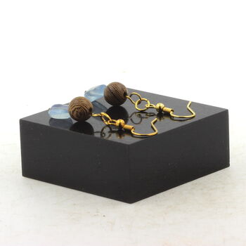 Golden Stainless steel Earrings Aquamarine from Brazil + wood 2 Beads.