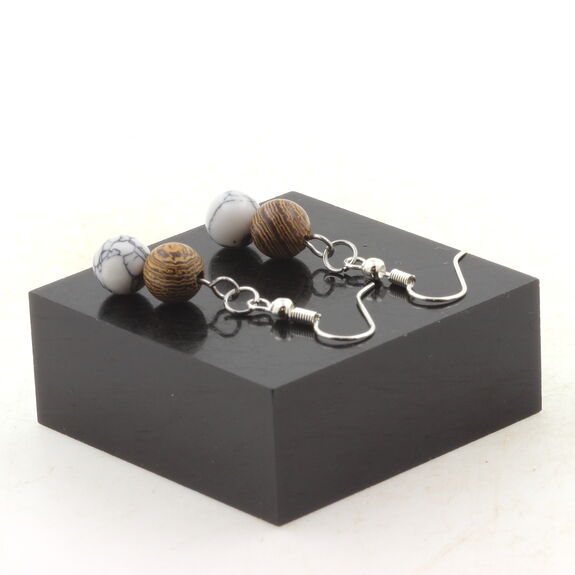 Stainless steel Earrings Howlite + wood 8 mm 2 Beads.