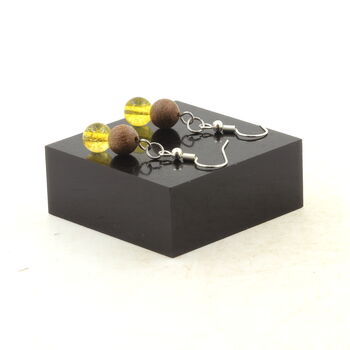 Stainless steel Earrings Citrine + wood 8 mm 2 Beads.