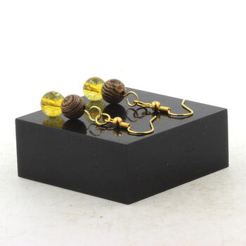 Golden Stainless steel Earrings Citrine + wood 8 mm 2 Beads.