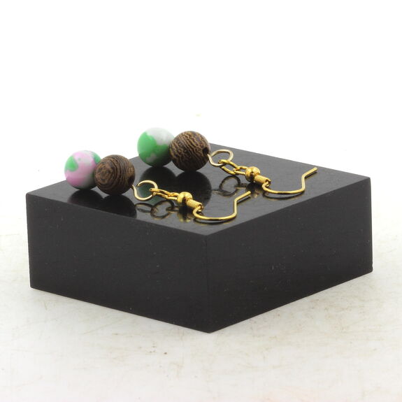 Golden Stainless steel Earrings Pink green Jasper + wood 8 mm 2 Beads.