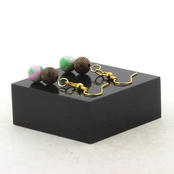 Golden Stainless steel Earrings Pink green Jasper + wood 8 mm 2 Beads.