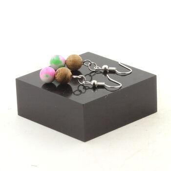 Stainless steel Earrings Pink green Jasper + wood 8 mm 2 Beads.