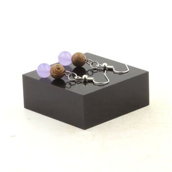 Stainless steel Earrings Lavender Chalcedony + wood 8 mm 2 Beads.