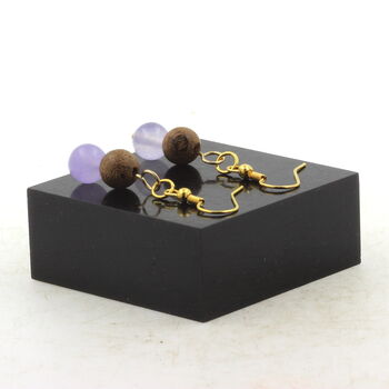 Golden Stainless steel Earrings Lavender Chalcedony + wood 8 mm 2 Beads.