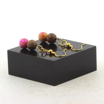 Golden Stainless steel Earrings Yellow pink Jasper + wood 8 mm 2 Beads.