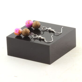 Stainless steel Earrings Yellow pink Jasper + wood 8 mm 2 Beads.