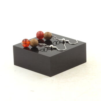Stainless steel Earrings Banded Agate + wood 8 mm 2 Beads.