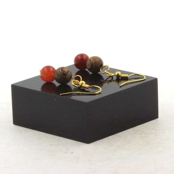Golden Stainless steel Earrings Banded Agate + wood 8 mm 2 Beads.