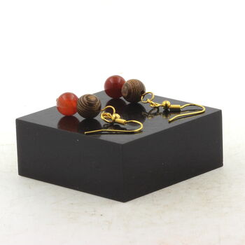 Golden Stainless steel Earrings Banded Agate + wood 8 mm 2 Beads.