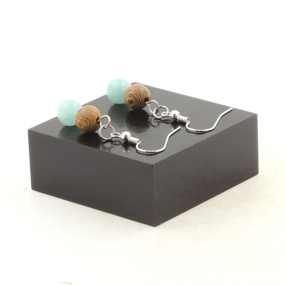 Stainless steel Earrings Amazonite + wood 8 mm 2 Beads.