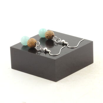 Stainless steel Earrings Amazonite + wood 8 mm 2 Beads.