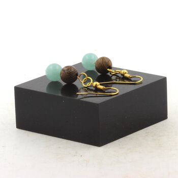 Golden Stainless steel Earrings Amazonite + wood 8 mm 2 Beads.