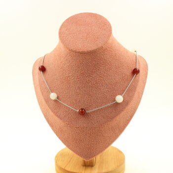 Moonstone + Red Agate 8 mm beads necklace. Stainless steel chain