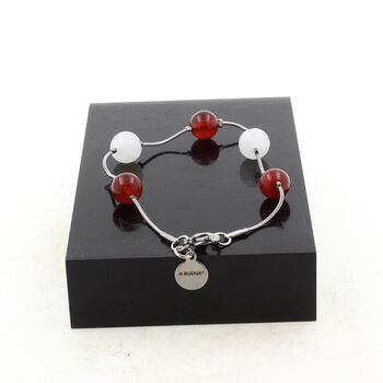 Bracelet en acier inoxydable 5 Perles Pierre de Lune + Agate rouge 8 mm.