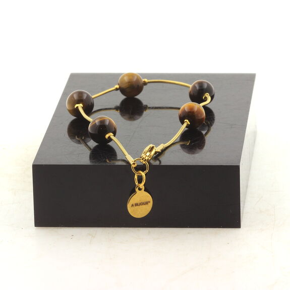 Bracelet en acier doré inoxydable 5 Perles Oeil de Tigre 8 mm.
