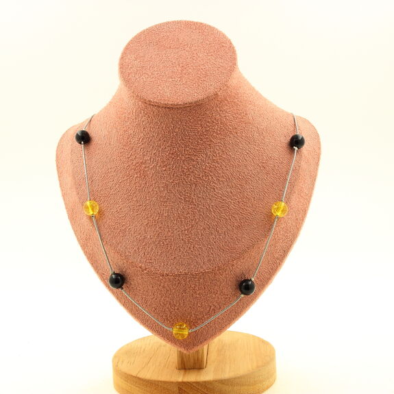 Collier 9 Perles Citrine + Agate noire 8 mm chaine en acier inoxydable.