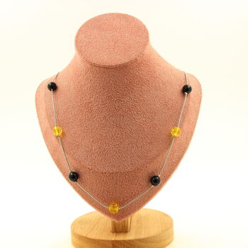 Citrine + Black Agate 9 beads 8 mm necklace. Stainless steel chain