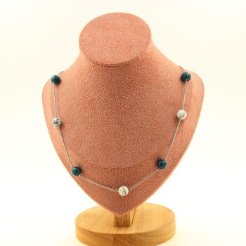 Howlite + Apatite 9 beads 8 mm necklace. Stainless steel chain