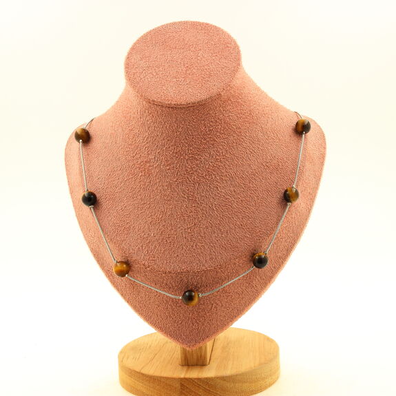 Collier 9 Perles Oeil de Tigre 8 mm chaine en acier inoxydable.