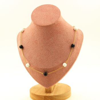 Black Agate + White Agate 9 beads 8 mm necklace. Golden Stainless steel chain
