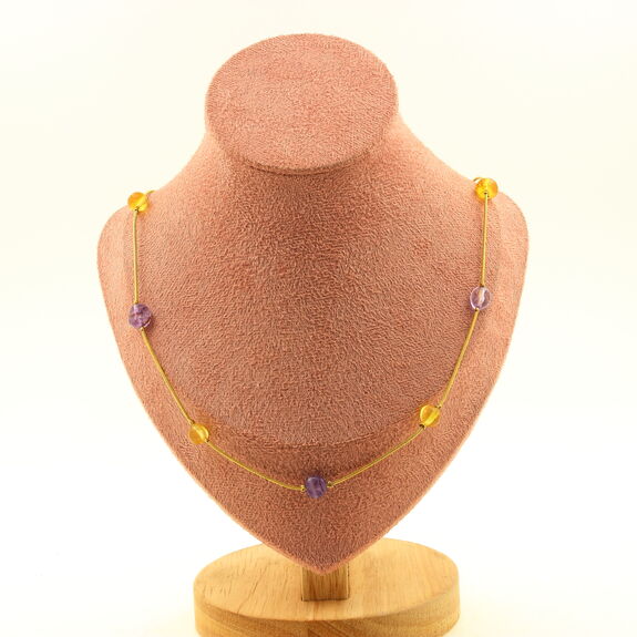 Collier 9 Perles Ambre véritable de la mer Baltique + Améthyste du Brésil  chaine en acier doré inoxydable.