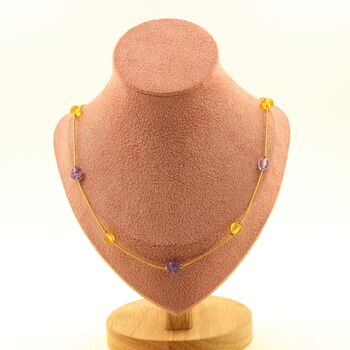 Genuine Baltic Sea Amber + Amethyst from Brazil 9 beads necklace. Golden Stainless steel chain