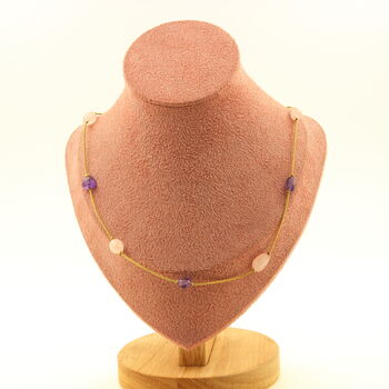 Rose Quartz from Brazil + Amethyst from Brazil 9 beads necklace. Golden Stainless steel chain