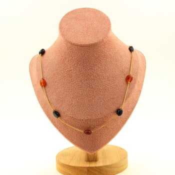 Red Agate + Black Obsidian 9 beads necklace. Golden Stainless steel chain