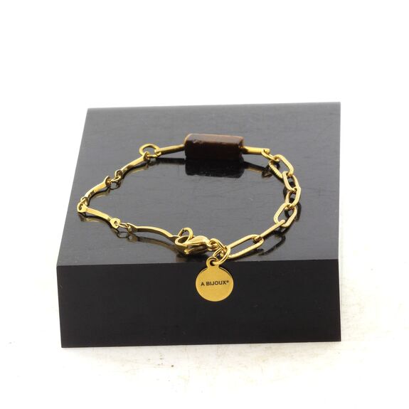 Golden Stainless steel double chain bracelet 1 Tiger's Eye rectangle 13 mm Bead.