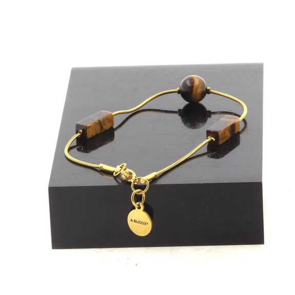 Golden Stainless steel bracelet 2 Tiger's Eye rectangle 13 mm + 1 round 8 mm Beads.