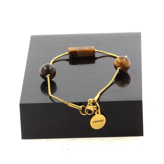 Golden Stainless steel bracelet 1 Tiger's Eye rectangle 13 mm + 2 round 8 mm Beads.