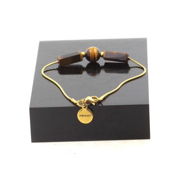 Golden Stainless steel bracelet 2 Tiger's Eye rectangle 13 mm + 1 round 8 mm Beads.