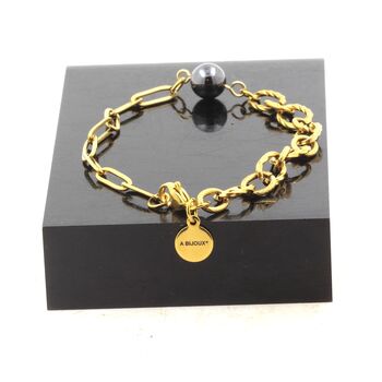 Golden Stainless steel double chain (11mm mesh) bracelet 1 Hematite  8 mm Bead.