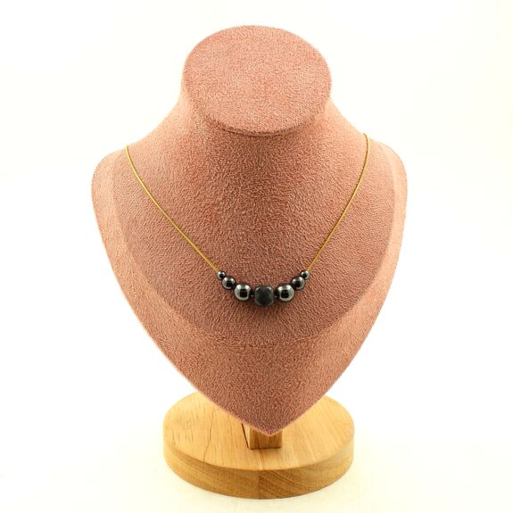 Collier 1 Perle Labradorite 9 mm cube à facettes + Hématite 4,6,8 mm chaine en acier doré inoxydable.