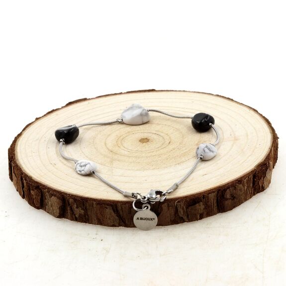 Bracelet en acier inoxydable 5 Perles Tourmaline Schorl du Brésil + Howlite des USA.