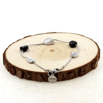 Bracelet en acier inoxydable 5 Perles Tourmaline Schorl du Brésil + Howlite des USA.