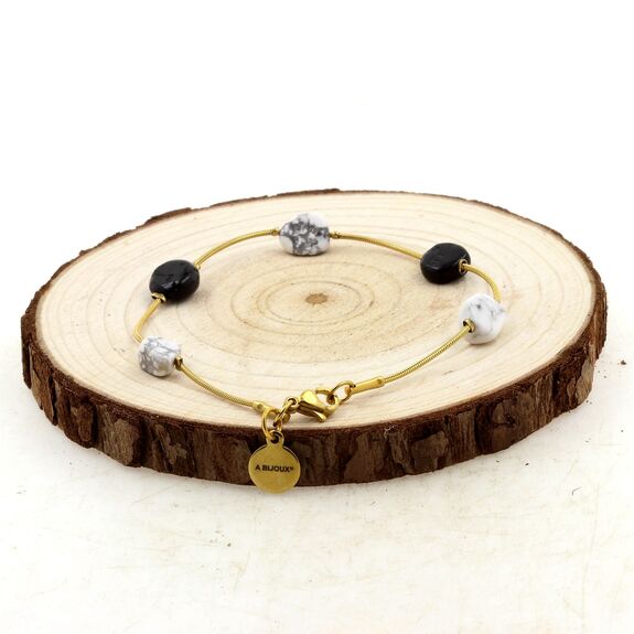 Bracelet en acier doré inoxydable 5 Perles Tourmaline Schorl du Brésil + Howlite des USA.