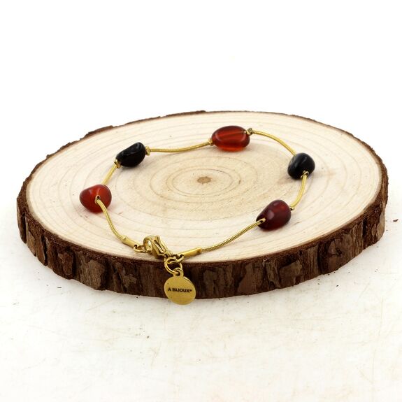 Bracelet en acier doré inoxydable 5 Perles Agate rouge + Obsidienne noire.