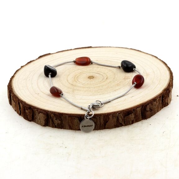 Bracelet en acier inoxydable 5 Perles Agate rouge + Obsidienne noire.