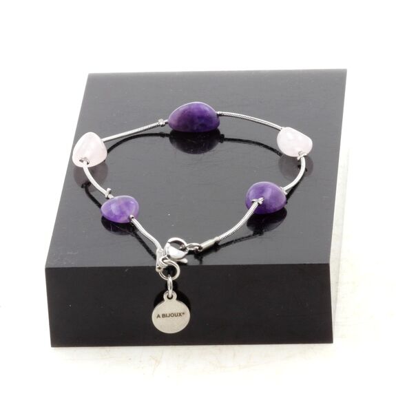 Bracelet en acier inoxydable 5 Perles Quartz rose du Brésil + Améthyste du Brésil.