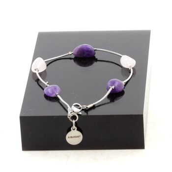 Bracelet en acier inoxydable 5 Perles Quartz rose du Brésil + Améthyste du Brésil.