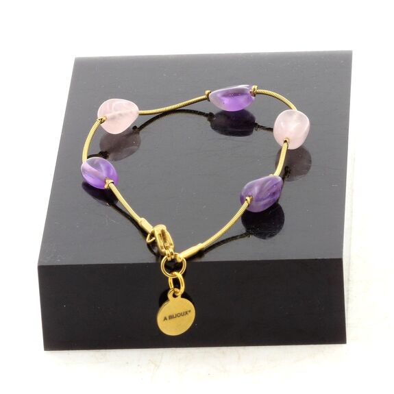 Bracelet en acier doré inoxydable 5 Perles Quartz rose du Brésil + Améthyste du Brésil.