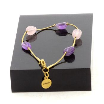 Bracelet en acier doré inoxydable 5 Perles Quartz rose du Brésil + Améthyste du Brésil.