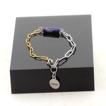 Bracelet en acier inoxydable double chaine 2 tons 1 Perle Lapis Lazuli 4x13mm cylindre.