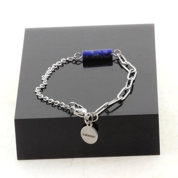 Bracelet en acier inoxydable double chaine 1 Perle Lapis Lazuli 4x13mm cylindre.