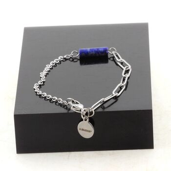 Bracelet en acier inoxydable double chaine 1 Perle Lapis Lazuli 4x13mm cylindre.